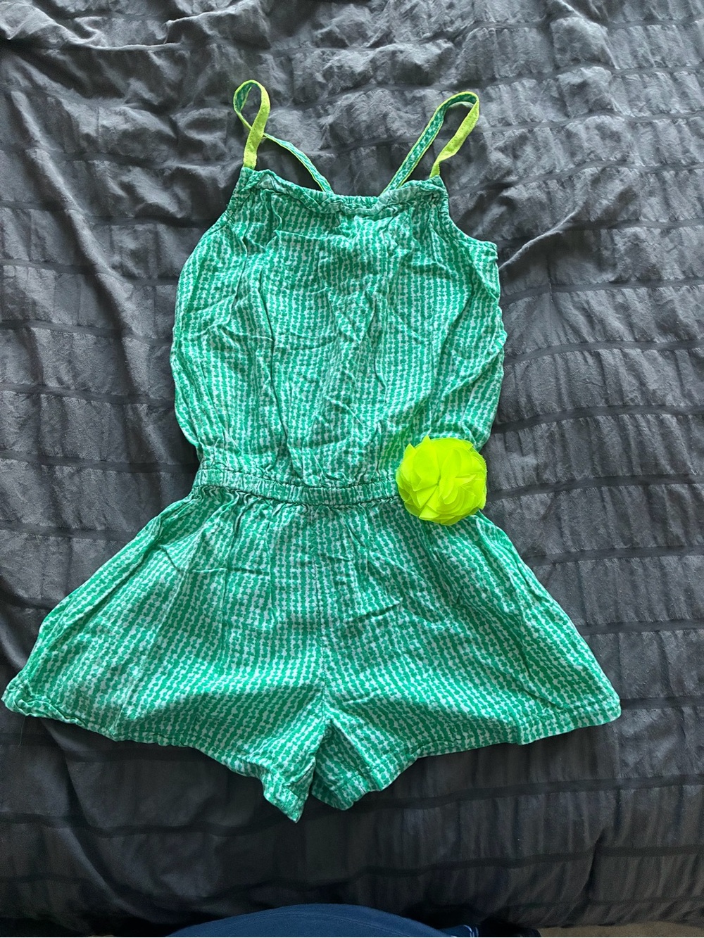 Green Printed Girls' Sleeveless Romper with Neon Flower Detail